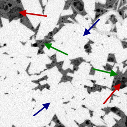 <b>Figure 1.</b> Original image with (red) pores, (green) organic-matter grains, and (blue) minerals