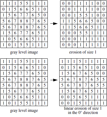 <b> Figure 2.</b> Two gray level erosions: by a square (top) and a linear structuring element (bottom)